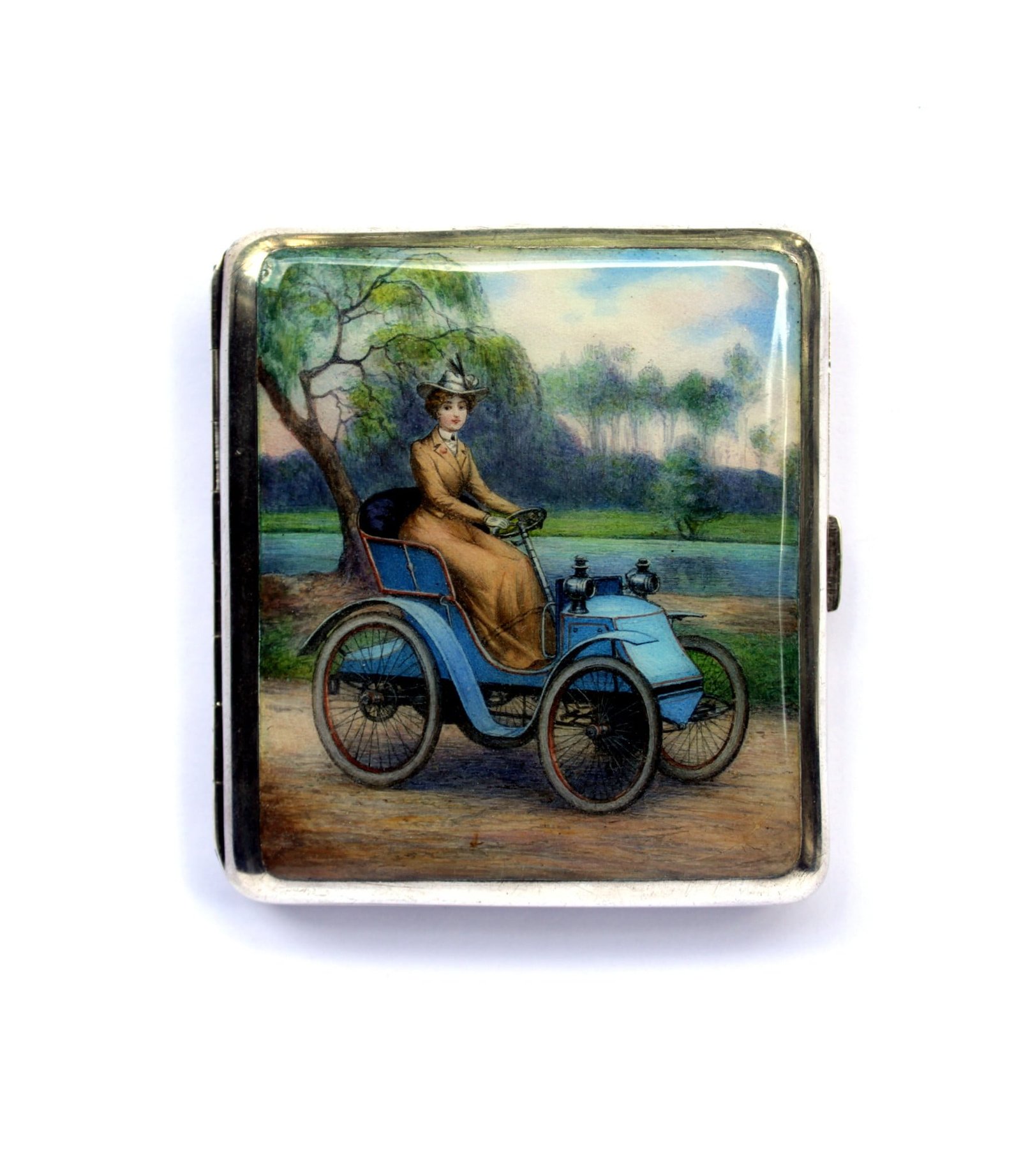 c.1900 Austrian silver and enamel cigarette case with a lady and a period motor car. Fantastic detail of the car, female figure and background.