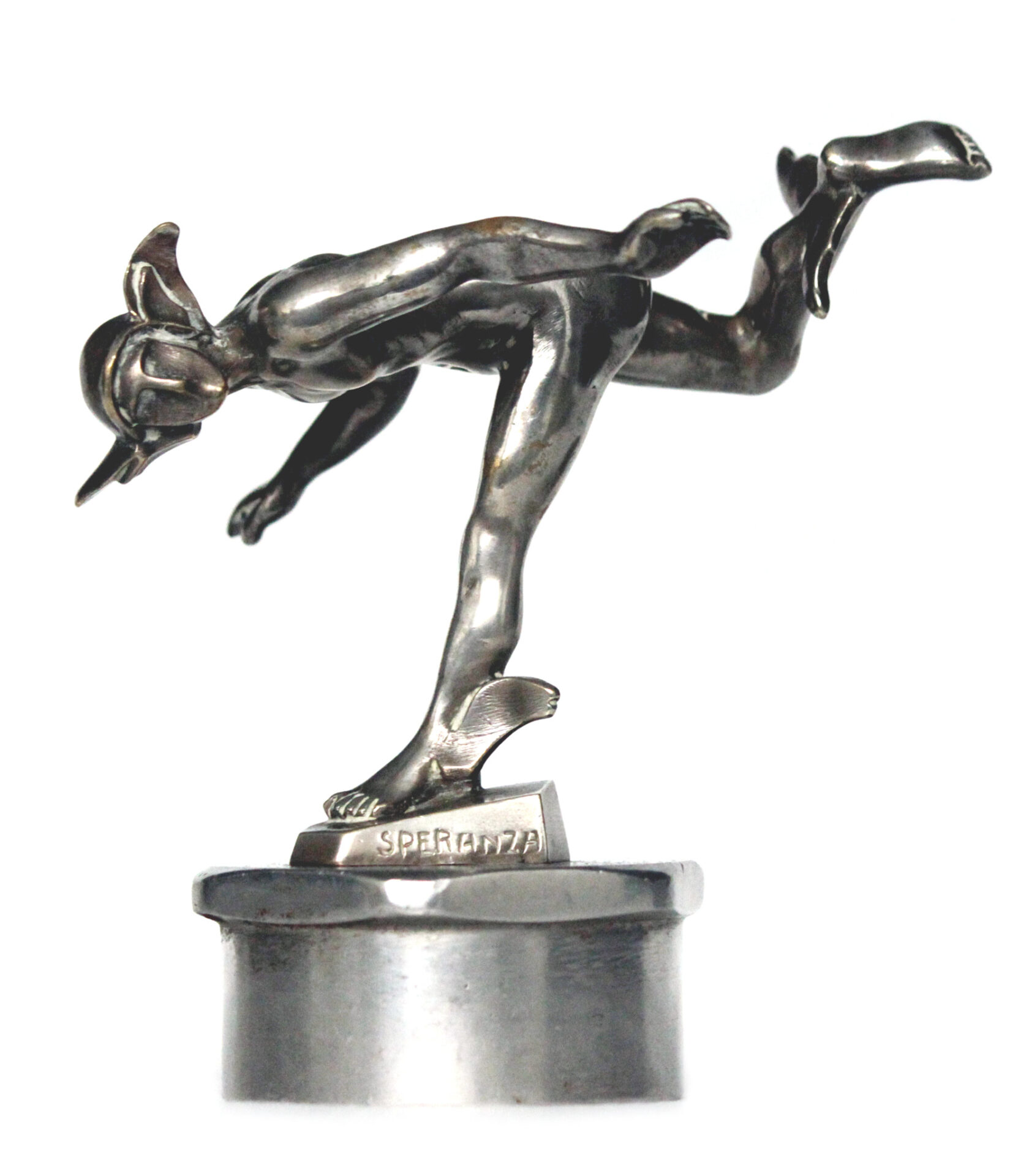 Mercure radiator car mascot or hood ornament by Speranza; edited by Sasportas. Amazing French piece in Art Deco style. Measures 10cm high. Silver plated bronze with some discoloration. Bolted to a period radiator cap. A similar piece is described and photographed in Michel Legrand’s renowned book “Automobiles Mascottes” on page 155, plate 540.