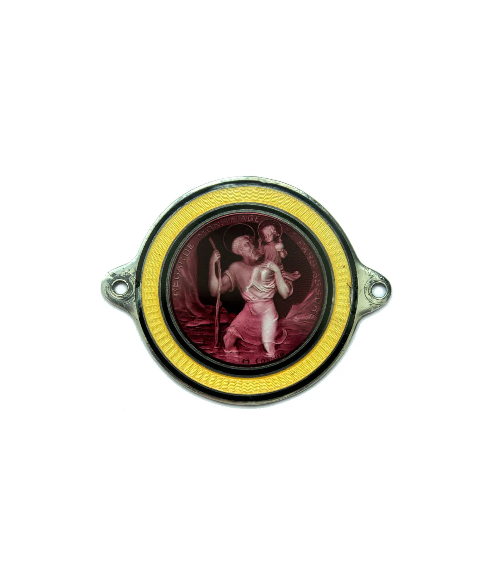 Another fine Saint Christopher dashboard badge by master engraver Marius Cosson. This artist's enamels are probably among the finest in the world of automotive dashboard badges. Many renowned French luxury brands have used them to decorate various items. Diameter 45mm aprox. Silver and enamel over guilloche. Signed M.Cosson. Similar examples were photographed and described in the book by Maximiliano Garay " Saint Christophe - dashboard badges of the golden era of motoring ".