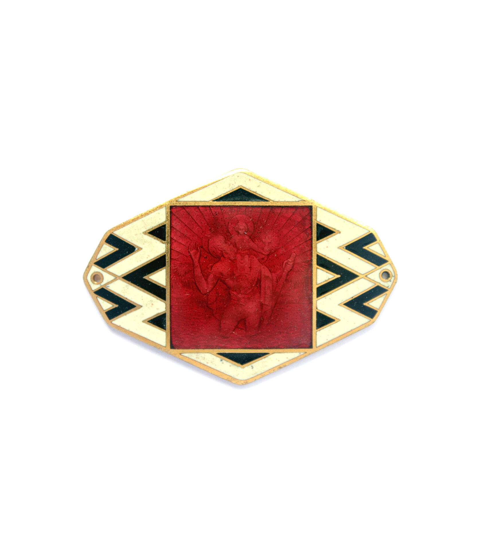 A very fine Art Deco example, attributed to the French engraver Adolphe Soleau. The religious motif, finished in translucent red enamel, is decorated with a latticework characteristic of the 1920s style, using different shades of enamel. Measures 60 x 40mm. Solid bronze with different enamel colors. In very good condition.