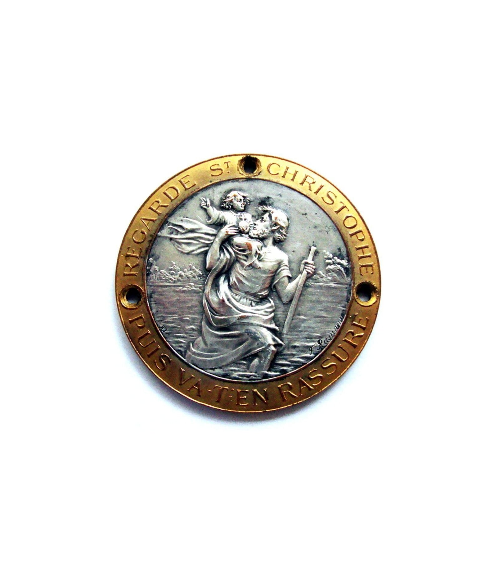 Round Saint Christopher dashboard badge, by master engraver Felix Rasumny (1869-1940). One of the most prolific engravers in the universe of the dashboard badges. Diameter 45mm. Silver plated bronze with patinated borders. Signed by the artist. This is the exact badge photographed and described in the book by Maximiliano Garay " Saint Christophe - dashboard badges of the golden era of motoring " on page 128. 