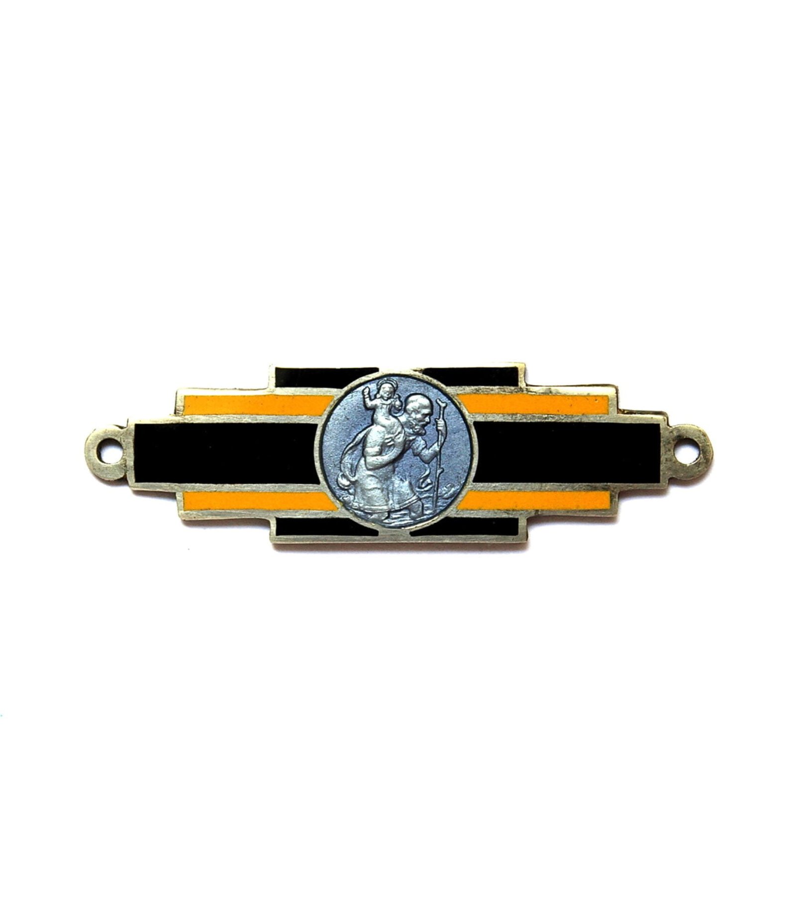 Art Deco style Saint Christopher dashboard badge. French from c.1930. The religious motif used on this piece was very popular and was used for many fine examples of that era. This design was presented in some automobile accessories' catalogs such as Établissements R.I.S.O. (1933-1934). Measures 45mm x 15mm. Solid silver with enamel finish. This same badge is described and photographed in Maximiliano Garay 's book " Saint Christophe - dashboard badges of the golden era of motoring " on page 181.