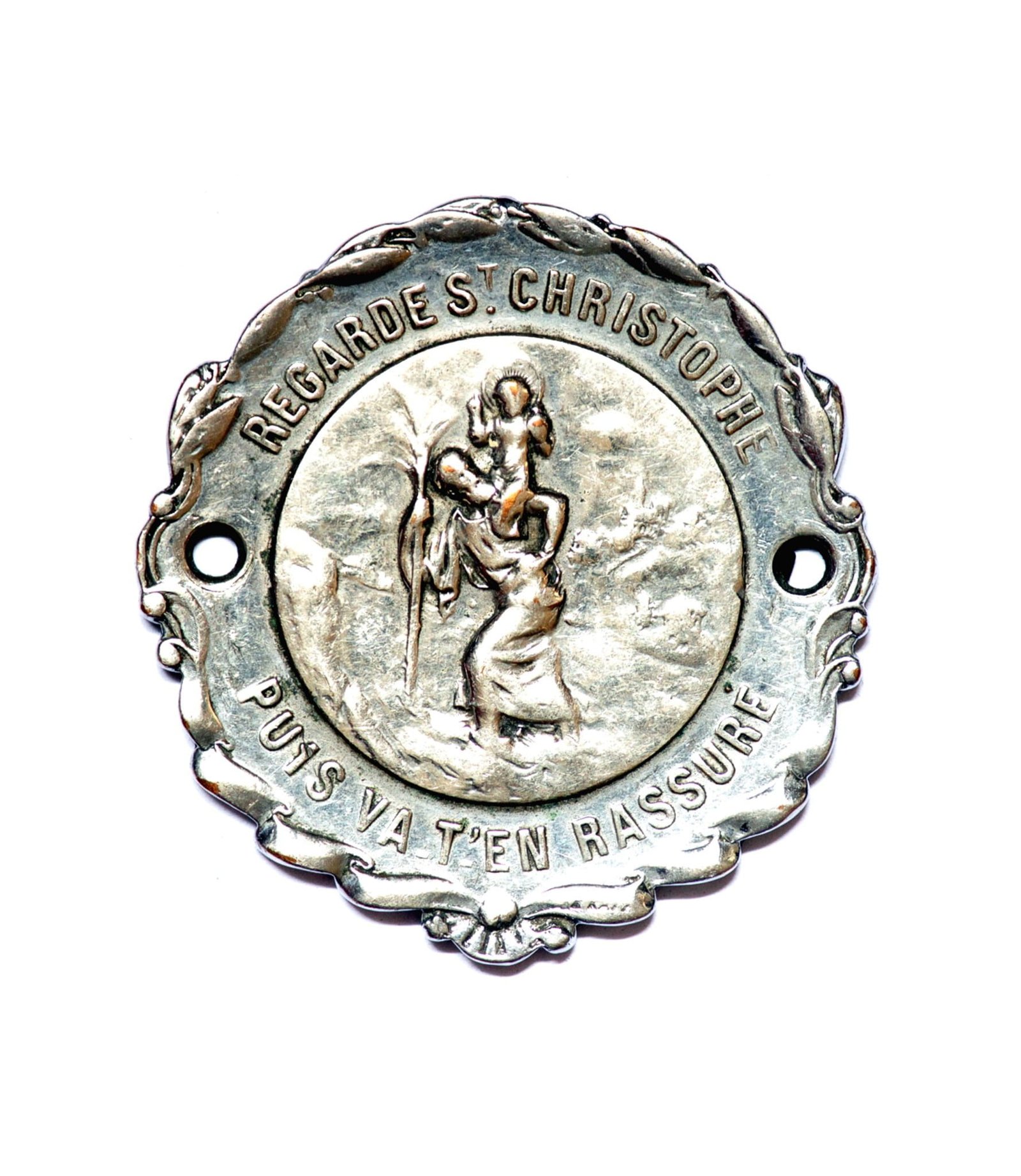 Impressive Saint Christopher's badge by Emile Katz. Measures 65mm. Silver plated bronze. Very good condition. Minor detail lost due to polish. Signed E.Katz. This is exactly the badge described and photographed in the book by Maximiliano Garay "Saint Christophe - dashboard badges of the golden era of motoring" on page 95.